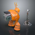 Futuristic Orange Robot ZIRA 01 with Mechanical Antennas and Bird Perched on Pole with Rocks