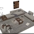 Modern Beige L-shaped Sofa Coffee Table Combination with Wooden Top Books Lamp and Cushions