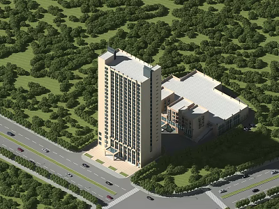 Modern High Rise Residential Building Surrounded by Lush Green Trees with Adjacent Buildings Near Road 3d model