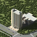 Modern High Rise Residential Building Surrounded by Lush Green Trees with Adjacent Buildings Near Road