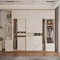 Modern Beige Wardrobe With Sliding Doors Open Shelves Gold Accents And Hanging Area