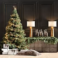 Christmas Decorative Ornaments Set With Tree Lights Gifts Candles And Table Lamps On Dark Walls