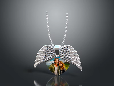Elegant Silver Wing Heart Pendant Necklace With Enclosed Photo And Crystal Accents 3d model