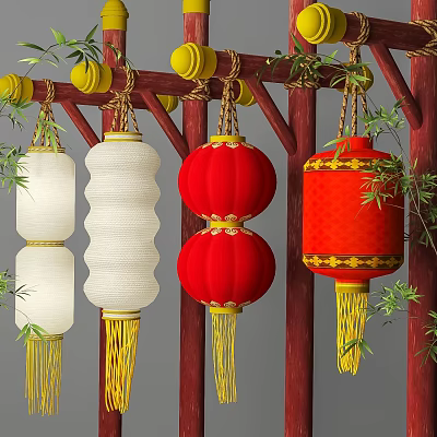 Traditional Chinese Red And White Lanterns With Yellow Tassels On Wooden Frames And Green Leaves 3d model