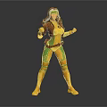 Dynamic Game Movie Character In Yellow Green Bodysuit With Brown Jacket Headpiece And Posing Stance