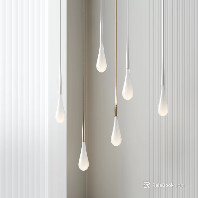 White Teardrop Pendant Lights with Metal Rods Hanging Over Light Vertical Striped Wall 3d model 