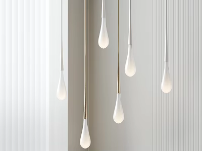 White Teardrop Pendant Lights with Metal Rods Hanging Over Light Vertical Striped Wall 3d model