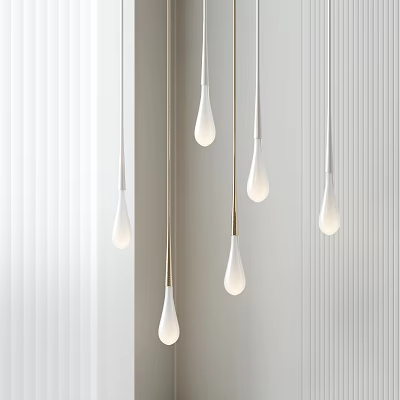 White Teardrop Pendant Lights with Metal Rods Hanging Over Light Vertical Striped Wall 3d model