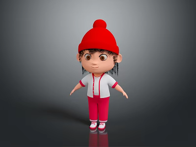 Cute 3D Little Girl Character Wearing Red Beanie Red White Jacket Red Pants White Shoes 3d model