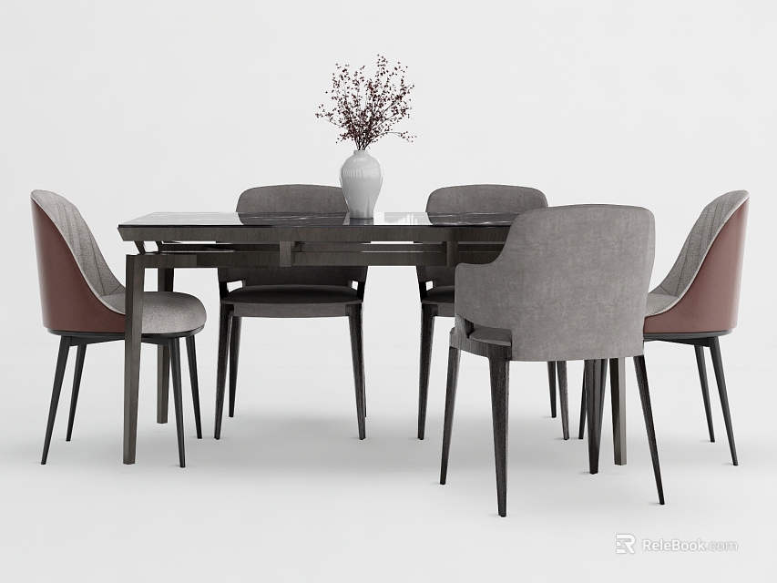 Modern Dining Table Set With Dark Wood Tabletop Gray Brown Chairs And Vase Flowers Centerpiece 3d model 