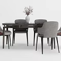 Modern Dining Table Set With Dark Wood Tabletop Gray Brown Chairs And Vase Flowers Centerpiece