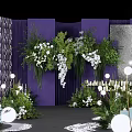 Floral Installation for Wedding Ceremony with Purple Drapery White Candles and Greenery Pathway