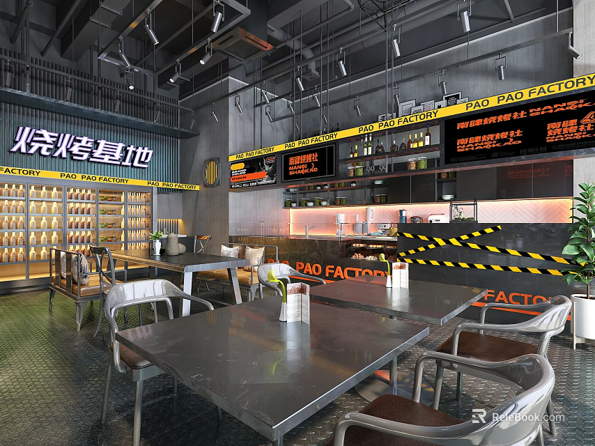 Industrial Style Barbecue Restaurant Interior With Metal Tables Neon Signs And Wine Racks 3d model 