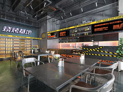 Industrial Style Barbecue Restaurant Interior With Metal Tables Neon Signs And Wine Racks 3d model