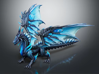 Fantasy Dragon Character With Blue And Black Scales And Glowing Blue Wings Design 3d model