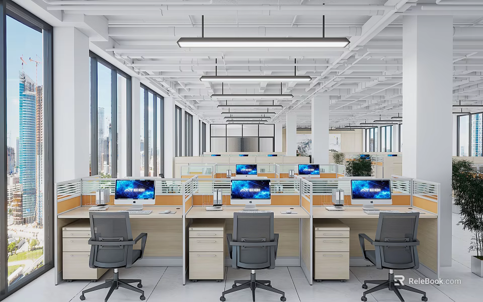 Modern Public Office Space With Cubicle Workstations Computers And City View 3d model