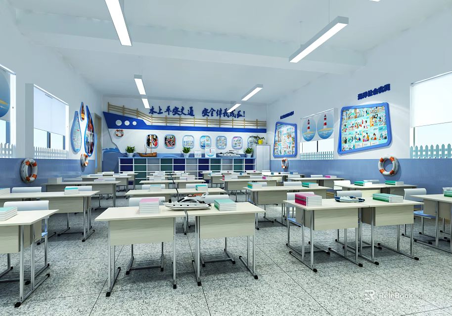 School Classroom Interior With Desks Chairs Educational Posters Windows And Ceiling Lights 3d model 