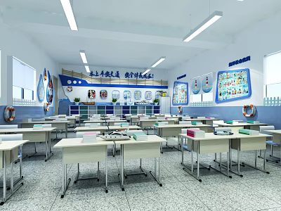 School Classroom Interior With Desks Chairs Educational Posters Windows And Ceiling Lights 3d model