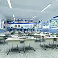 School Classroom Interior With Desks Chairs Educational Posters Windows And Ceiling Lights 3d model