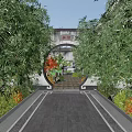 Chinese Garden Landscape Featuring Circular Archway Bamboo Groves Stone Path And Red-Leaved Plants
