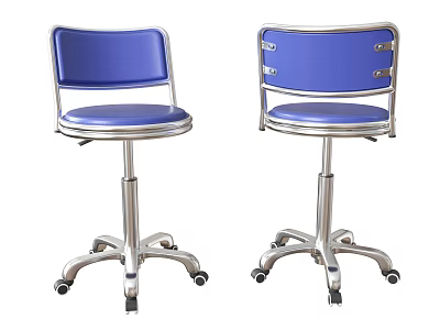 Blue Padded Bar Stools With Metal Frame And Wheeled Base Design 3d model