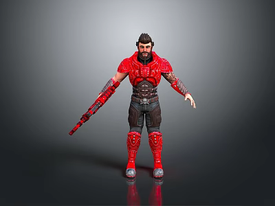 Detailed Male Warrior In Red Armor Holding Weapon Standing On Gray Background 3d model