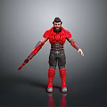 Detailed Male Warrior In Red Armor Holding Weapon Standing On Gray Background