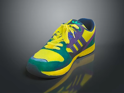 Vibrant Colorful Sneakers With Yellow Green Purple Design Yellow Laces And Side Three Stripes 3d model