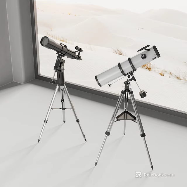 Commercial Telescopes With Tripods Standing By Window Snowy Landscape Background 3d model 