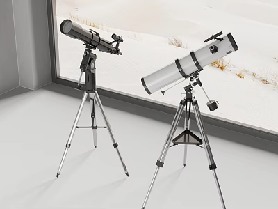 Commercial Telescopes With Tripods Standing By Window Snowy Landscape Background 3d model