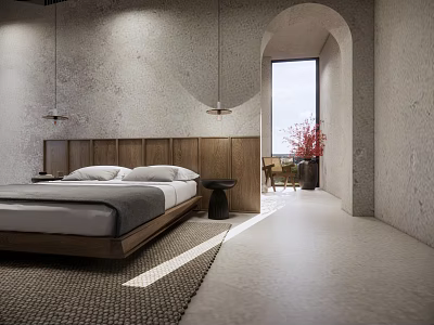 Modern Hotel Room Interior With King Bed Wooden Headboard And Natural Light 3d model
