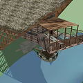 Detached Villa with Thatched Roof and Wooden Balcony Over Water Surrounded by Green Mountains