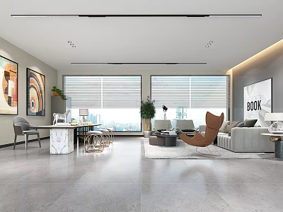 Modern Office Interior With Sofa Armchair Decorative Paintings Large Windows And Potted Plants 3d model