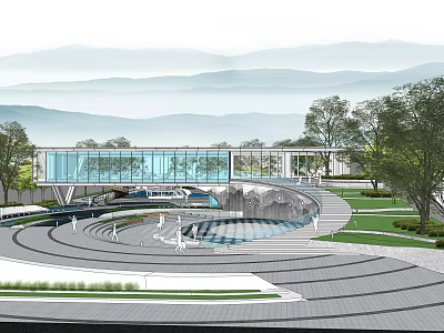 Modern Sales Office Building With Glass Curtain Wall Curved Design And Natural Landscape Surroundings 3d model