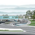 Modern Sales Office Building With Glass Curtain Wall Curved Design And Natural Landscape Surroundings