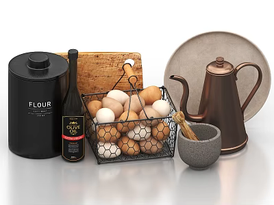 Stylish Dinnerware Set Including Flour Container Egg Basket Cutting Board Copper Kettle Plate Small Bowl 3d model