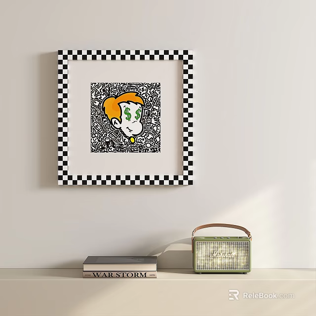 Abstract Painting With Black And White Checkered Frame Hanging On Wall With Radio And Books 3d model 