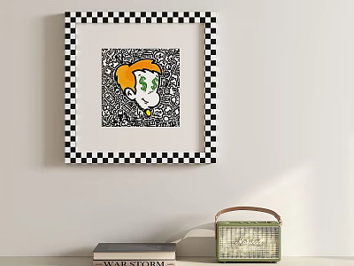 Abstract Painting With Black And White Checkered Frame Hanging On Wall With Radio And Books 3d model