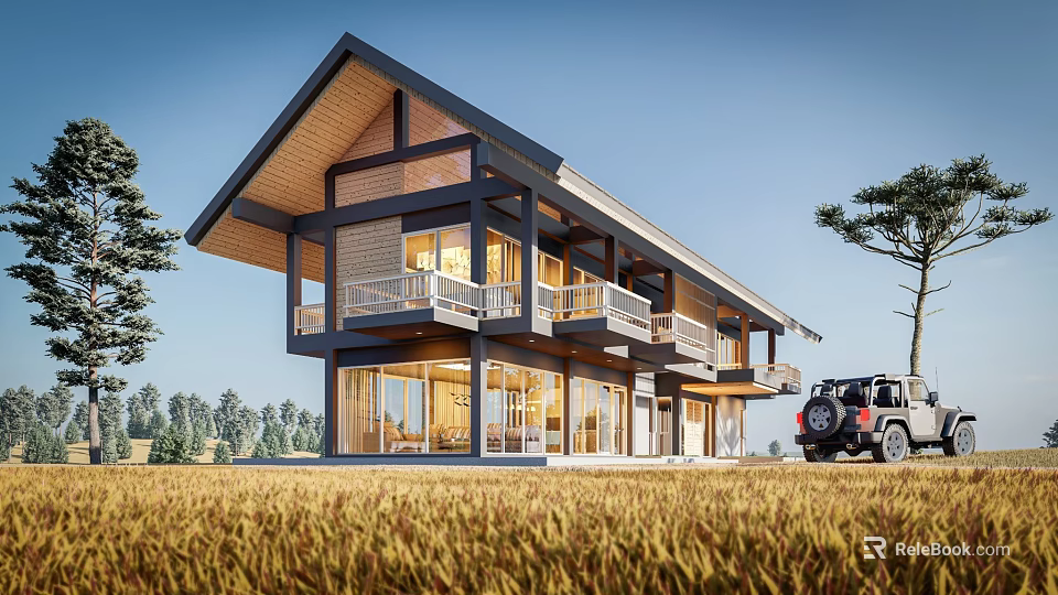 Modern Detached Villa With Wooden Roof Large Glass Windows And Off Road Vehicle In Grassland 3d model 