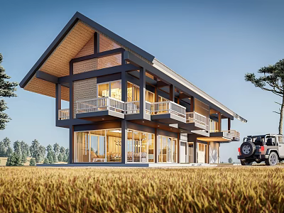 Modern Detached Villa With Wooden Roof Large Glass Windows And Off Road Vehicle In Grassland 3d model