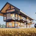 Modern Detached Villa With Wooden Roof Large Glass Windows And Off Road Vehicle In Grassland