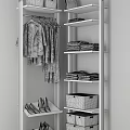 Modern White Storage Shelving Unit With Hanging Clothes Folded Garments Storage Boxes And Shoes