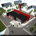 Modern Fire Station Exterior With Red Fire Trucks Multiple Garage Doors And Green Trees