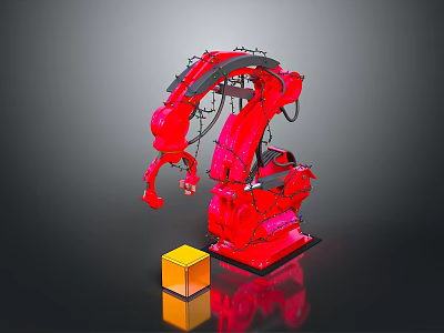 Red Industrial Robot With Mechanical Arm And Yellow Cube On Metal Base 3d model