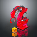 Red Industrial Robot With Mechanical Arm And Yellow Cube On Metal Base 3d model