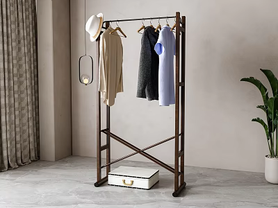 Freestanding Wooden Clothes Rack Hanging Clothes Hat With Storage Box And Potted Plant 3d model