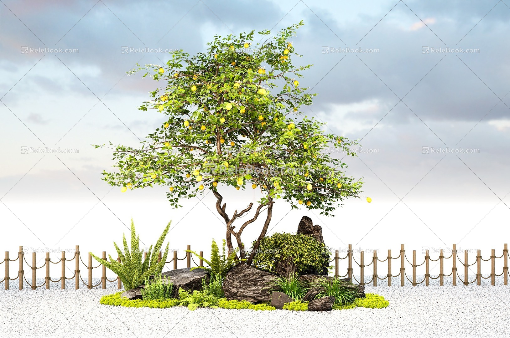 Modern Courtyard Landscape Stone Landscaping Lemon Tree Orange Tree Green Planting Foxtail Asparagus 3d model