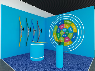 Archery Activity Space With Colorful Bows Arrows Target Board And Blue Display Stands 3d model
