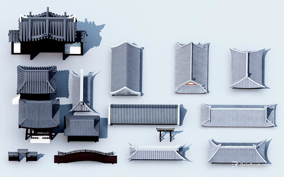 Traditional Chinese Architectural Components Featuring Various Roof Tile Designs and Eave Structures 3d model 