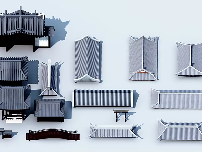 Traditional Chinese Architectural Components Featuring Various Roof Tile Designs and Eave Structures 3d model